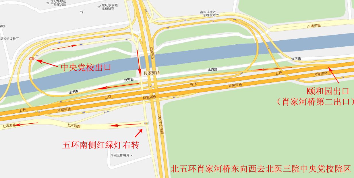 北五環(東向西)可經肖家河橋(下述路線圖)進入北醫三院中央黨校院區