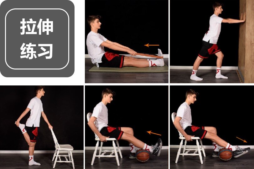 拉伸练习:应从开链踝关节运动和上肢辅助下非负重踝背伸拉伸练习开始