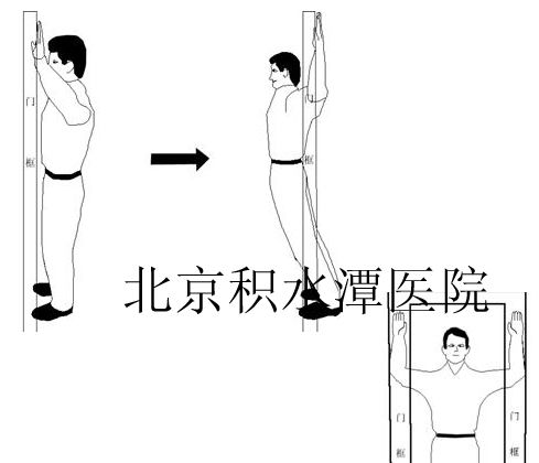 外旋牵拉练习 找一处比病人上身宽度略宽的门框,将两臂抬平,肘关节